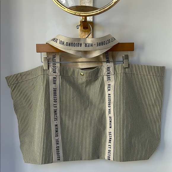 Sezane Cabas Libre Service Weekender Large Tote Green Stripe Cream 100% Cotton - Picture 2 of 14